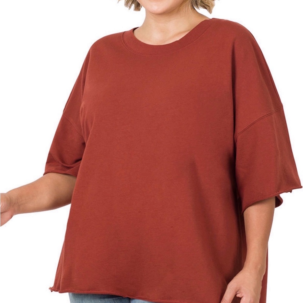 ZENANA 
Oversized Raw Edge Drop Shoulder Top - Picture 5 of 9